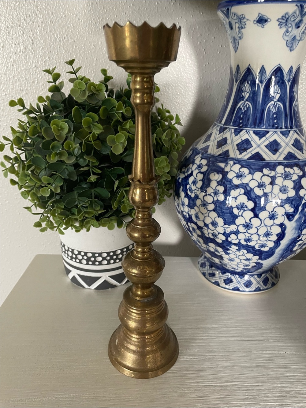 Vintage heavy tall brass crown rim Alter candle holder 12.5”x3”